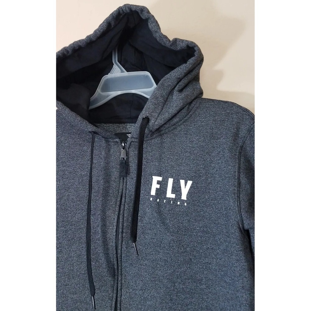 FLY RACING Full Zip Hoodie Sweater Men sz Medium Logo Thumbholes Dark Charcoal - Picture 2 of 7